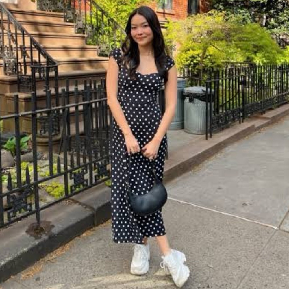 Reformation | Bryson Sweetheart Polka Dot Midi Dress in Black White | Size 2